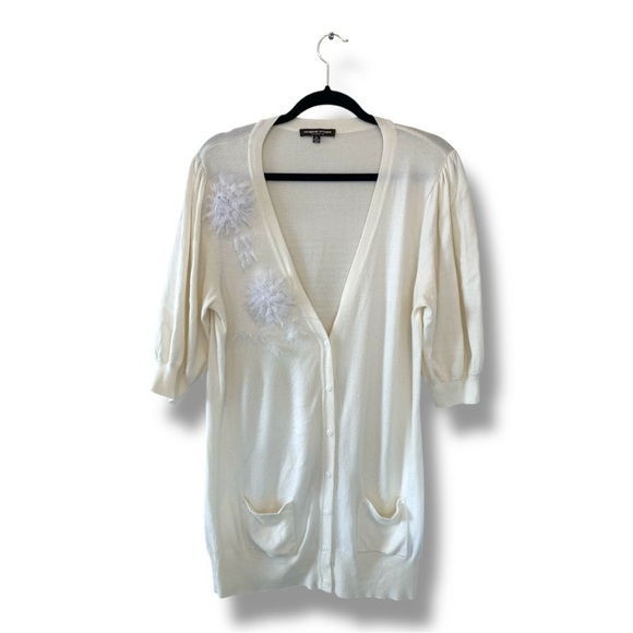 Adrienne Vittadini Cream Long Cardigan Sweater with Flower Appliqué - Picture 1 of 7
